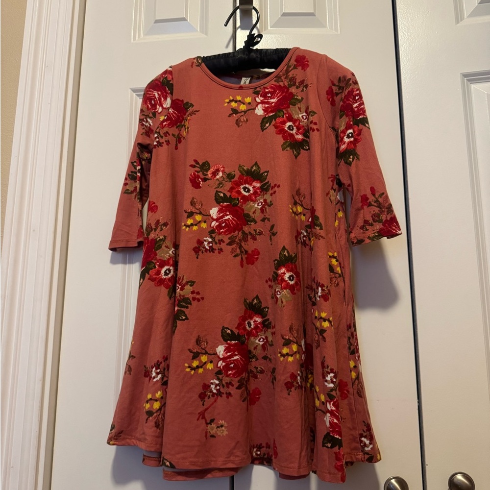 Pomelo Girls Floral Tunic Dress Coral Long Sleeve Swing Top Size 6/7